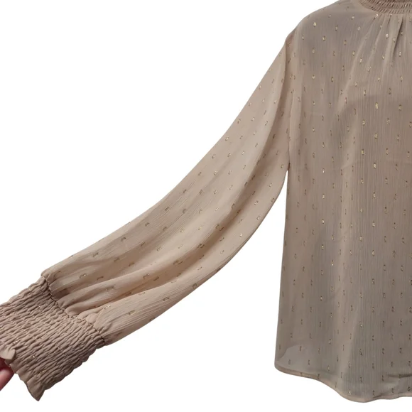 Express Women's Top Blouse Tan Cowl Neck Elastic Cuff Sheer Size L - Picture 4 of 8